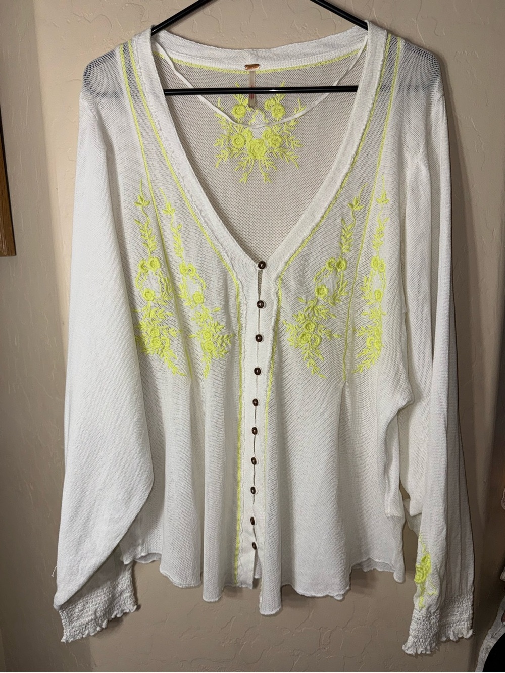 Free People Margie Embroidered Top White Lime Floral Button Front Mesh Size M